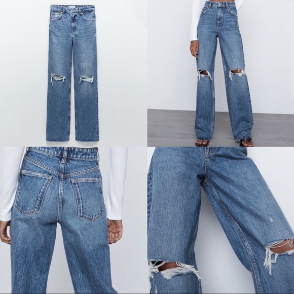 Zara Jeans Zara Wide Leg Full Length Ripped Jeans Poshmark